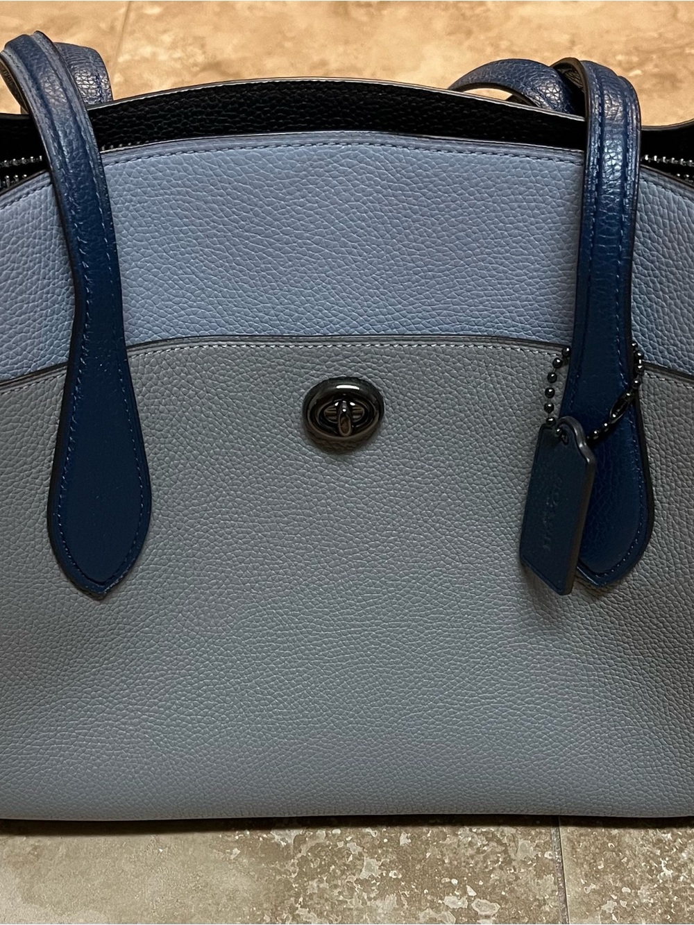 Coach Two-Tone Blue Pebbled Leather Satchel with Dark Blue Trim